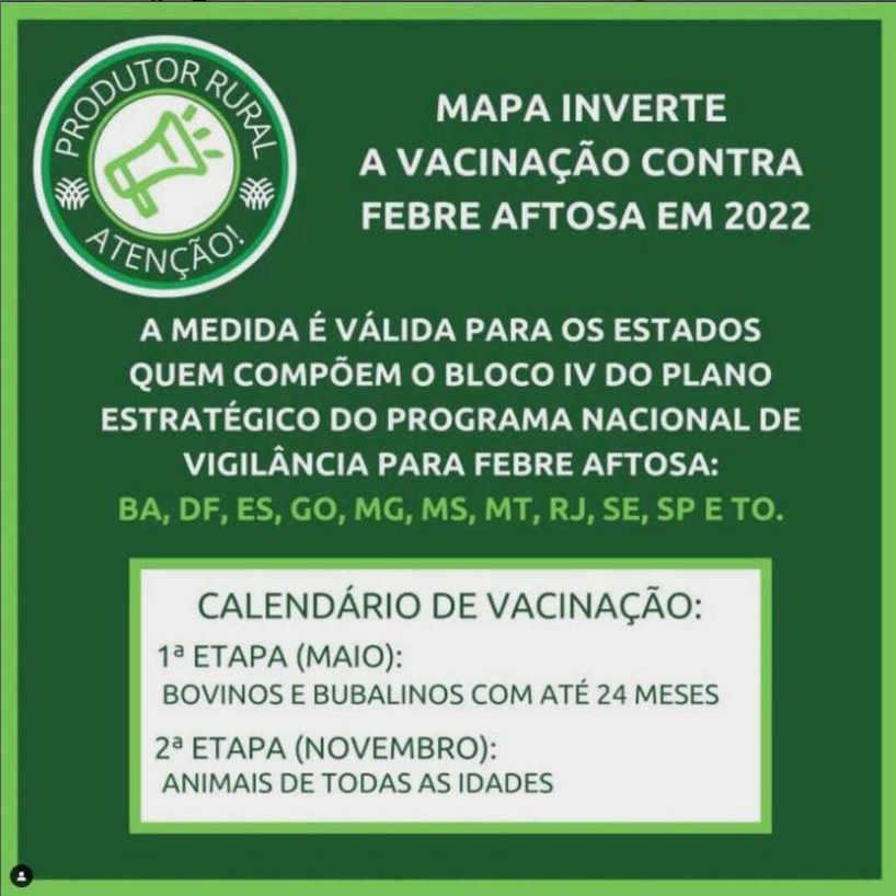 MAPA INVERTE A VACINAÇÃO CONTRA FEBRE AFTOSA EM 2022