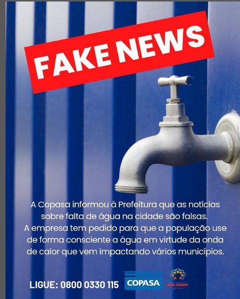 Read more about the article A Copasa informou à Prefeitura que as notícias sobre falta de água na cidade são falsas.